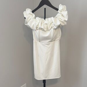 Selfie Leslie Cream Ruffle Off-Shoulder Dress